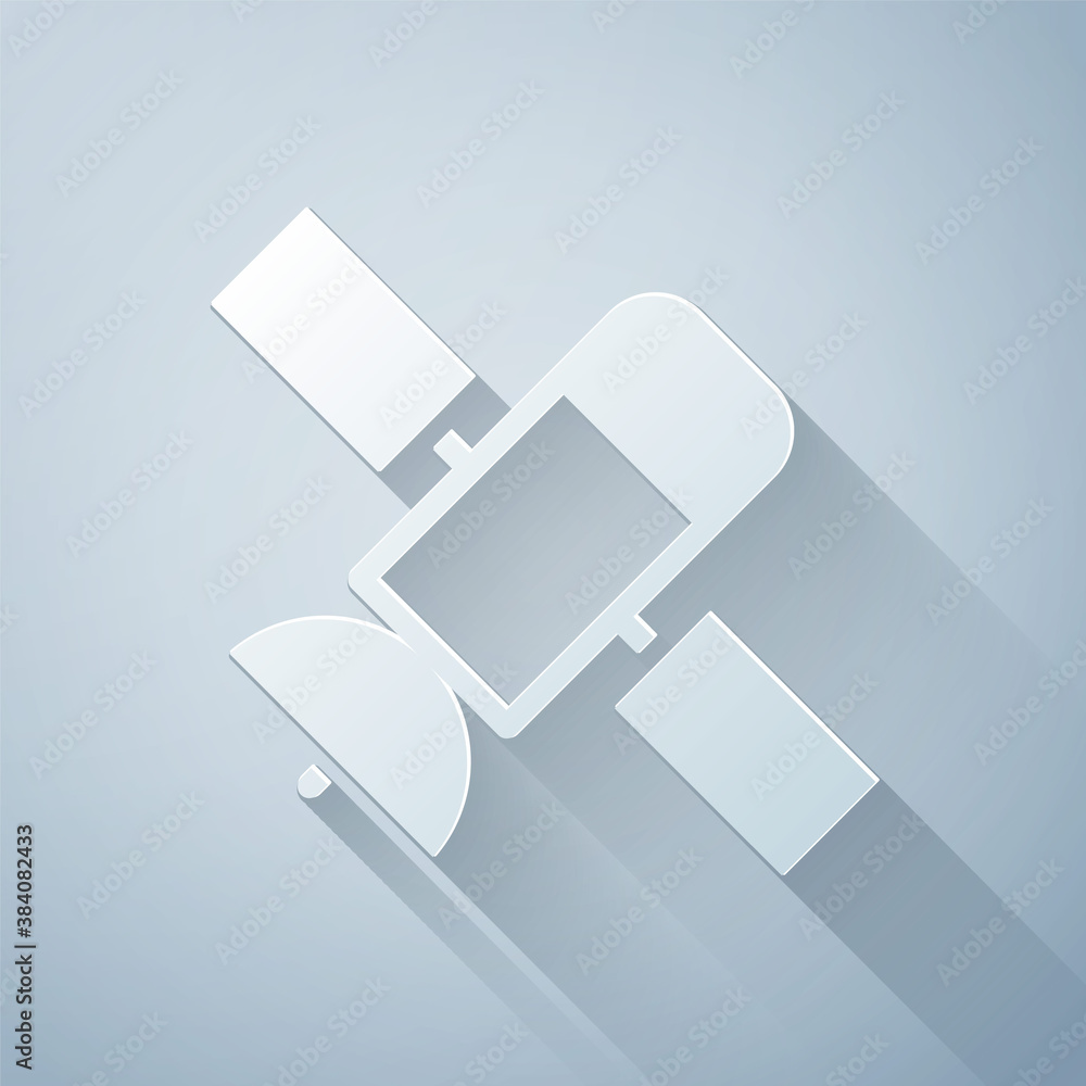 Paper cut Satellite icon isolated on grey background. Paper art style. Vector.