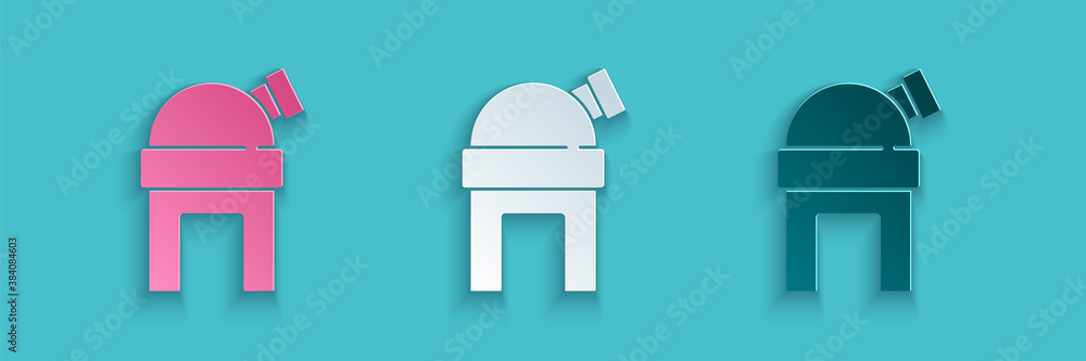 Paper cut Astronomical observatory icon isolated on blue background. Observatory with a telescope. S