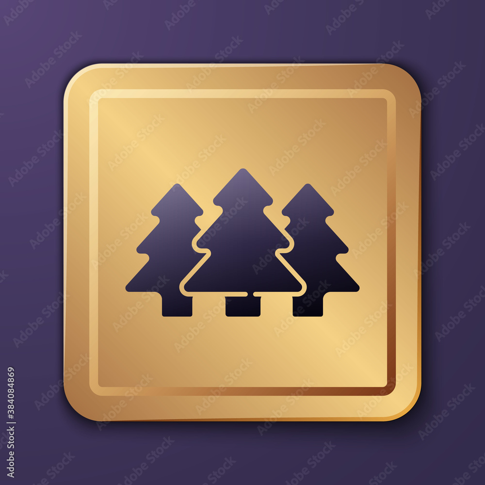 Purple Trees icon isolated on purple background. Forest symbol. Gold square button. Vector.