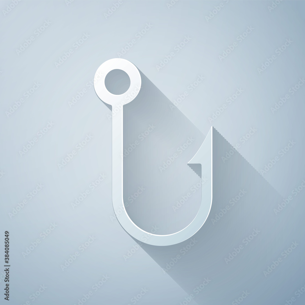 Paper cut Fishing hook icon isolated on grey background. Fishing tackle. Paper art style. Vector.