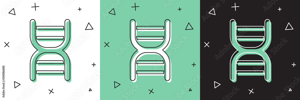 将DNA符号图标隔离在白色和绿色黑色背景上。矢量。