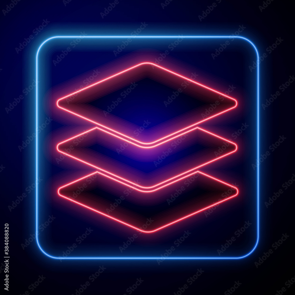 Glowing neon Layers icon isolated on blue background. Vector.