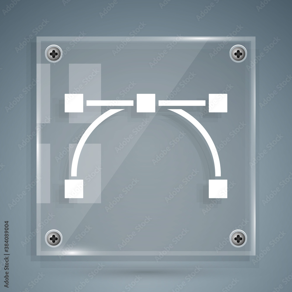 White Bezier curve icon isolated on grey background. Pen tool icon. Square glass panels. Vector.