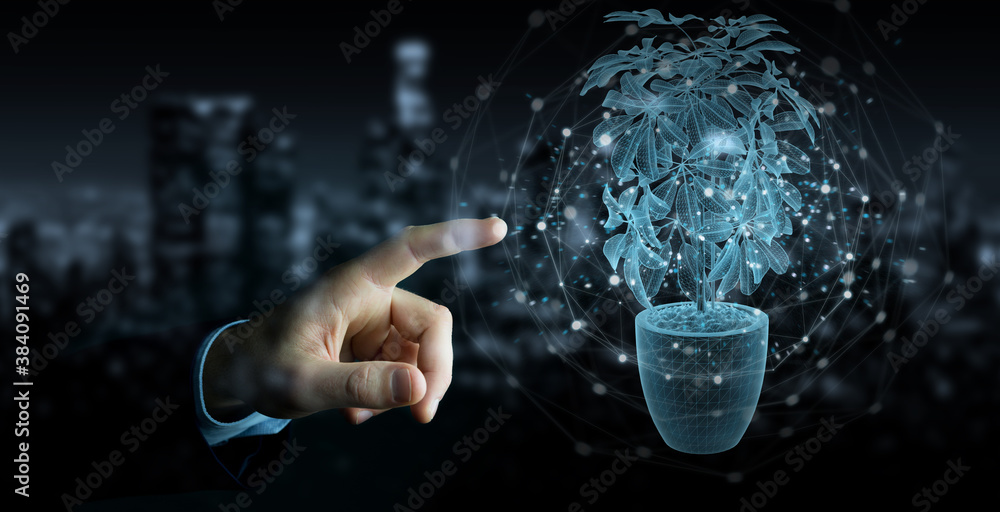 Man hand holding and touching holographic projection of a plant with digital analysis 3D rendering