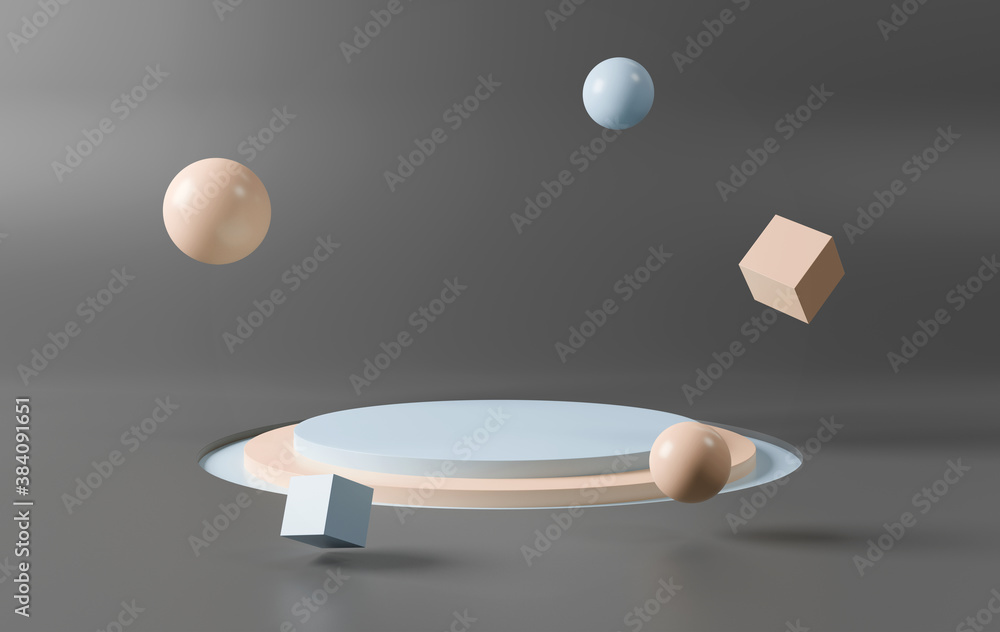 Stage podium on black background background. Mockup of empty circular platform. Abstract geometric p