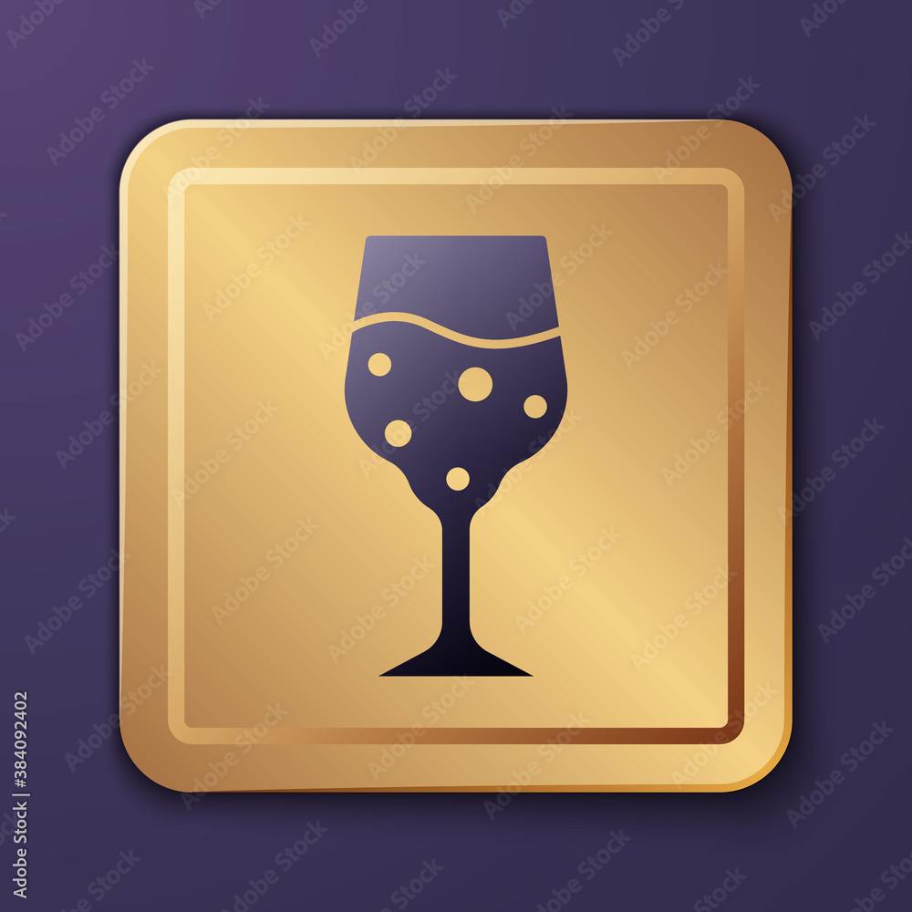 Purple Glass of champagne icon isolated on purple background. Gold square button. Vector.