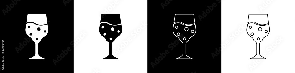 Set Glass of champagne icon isolated on black and white background. Vector.