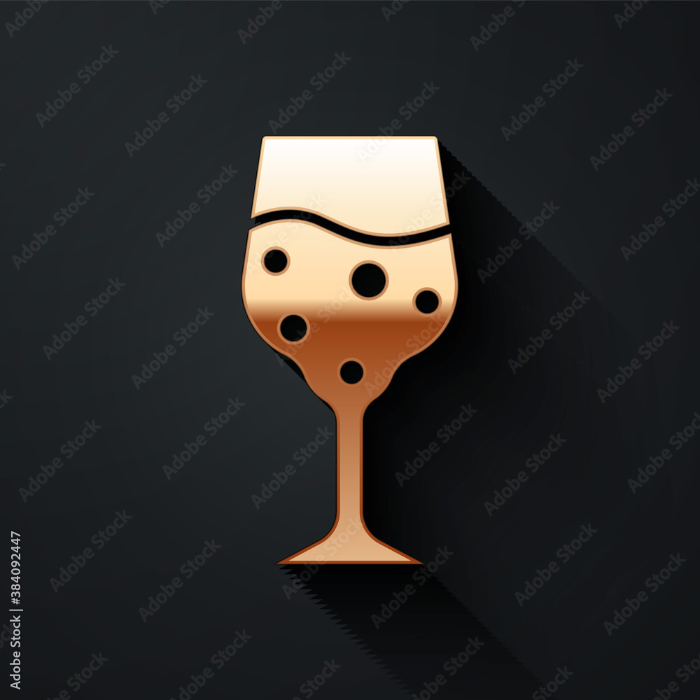 Gold Glass of champagne icon isolated on black background. Long shadow style. Vector.