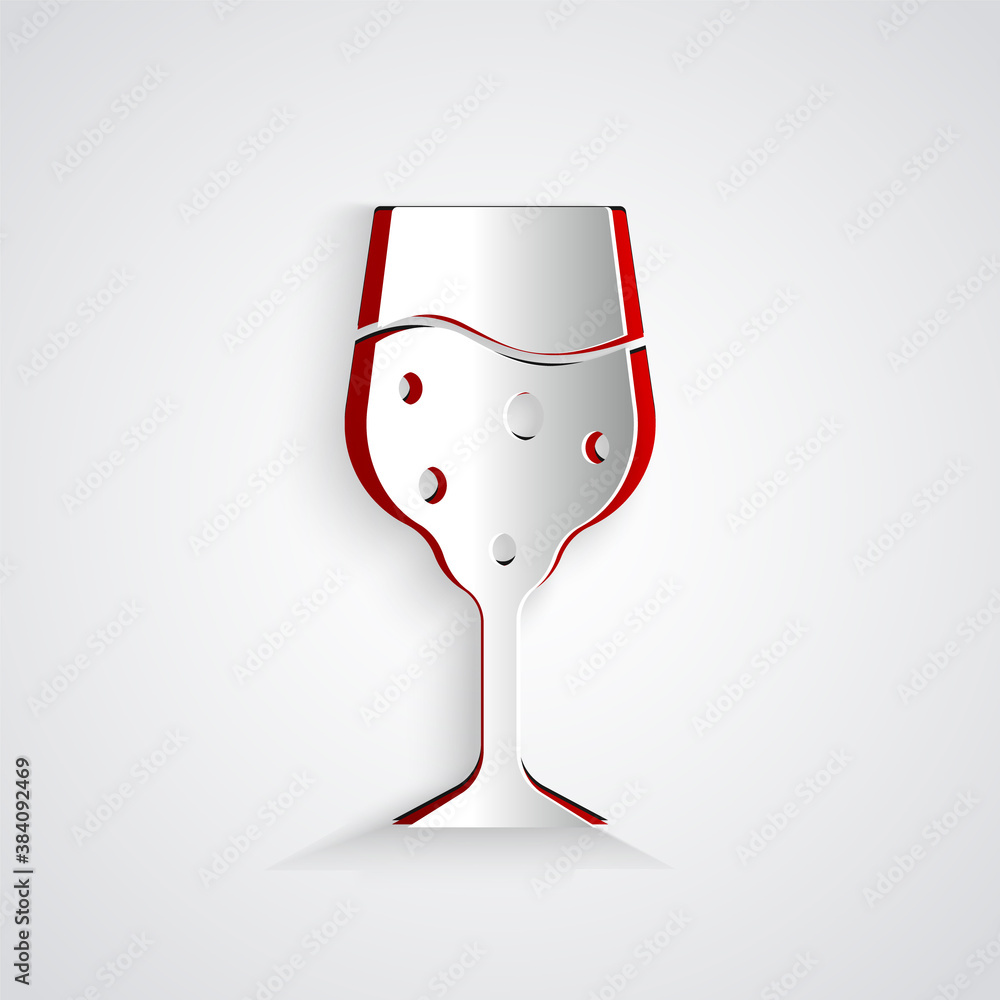 Paper cut Glass of champagne icon isolated on grey background. Paper art style. Vector.