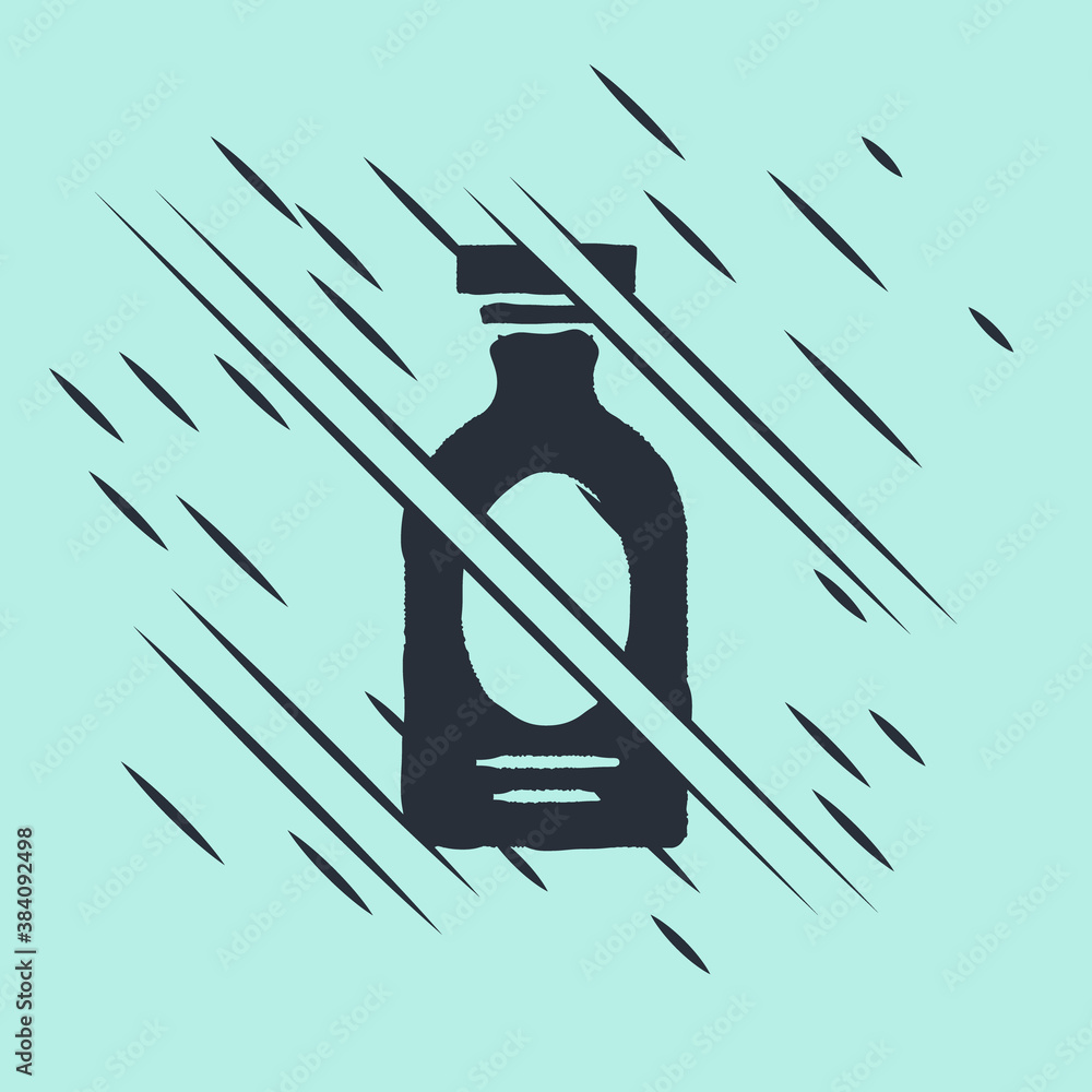 Black Alcohol drink Rum bottle icon isolated on green background. Glitch style. Vector.