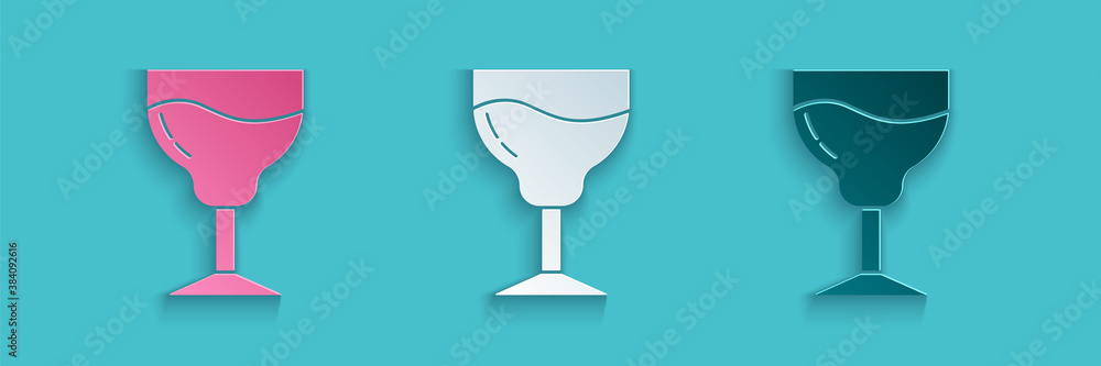 Paper cut Wine glass icon isolated on blue background. Wineglass sign. Paper art style. Vector.