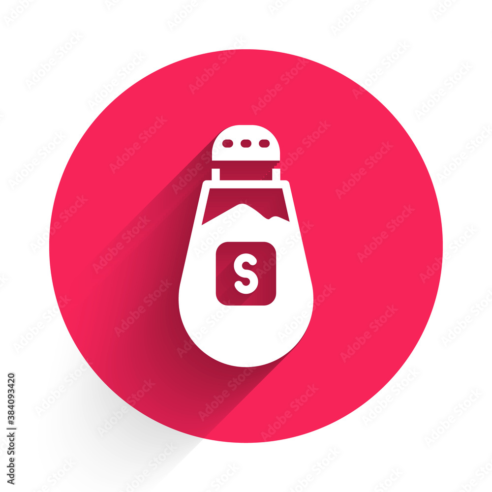 White Salt icon isolated with long shadow. Cooking spices. Red circle button. Vector.