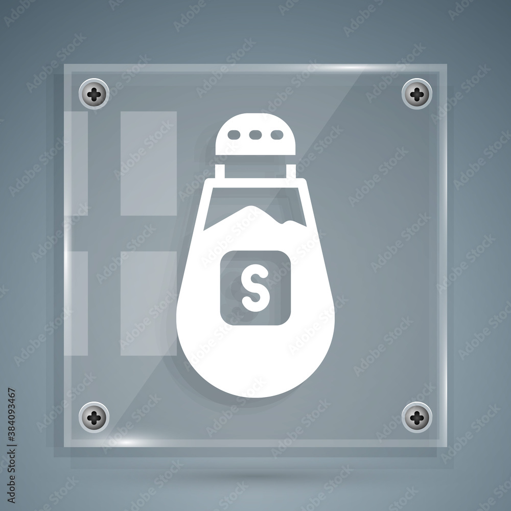 White Salt icon isolated on grey background. Cooking spices. Square glass panels. Vector.