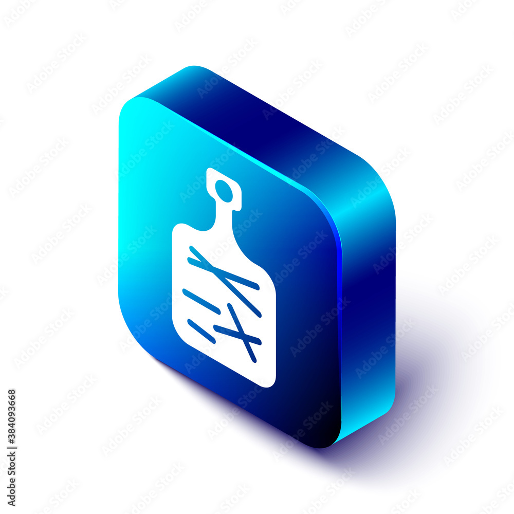 Isometric Cutting board icon isolated on white background. Chopping Board symbol. Blue square button