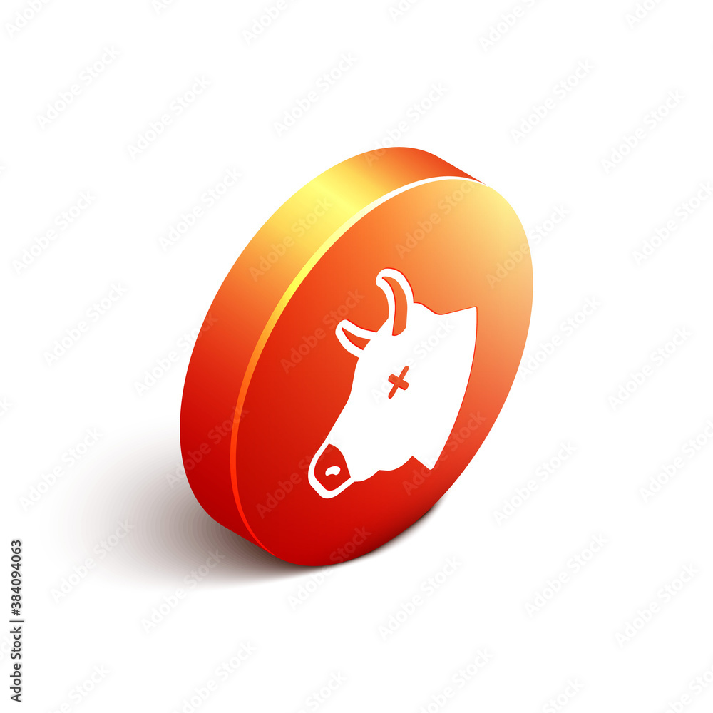 Isometric Cow head icon isolated on white background. Orange circle button. Vector.