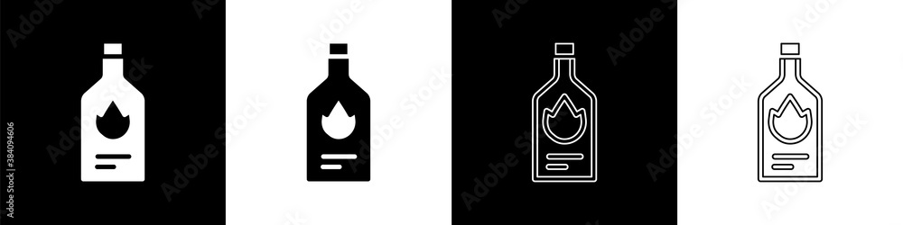 Set Tabasco sauce icon isolated on black and white background. Chili cayenne spicy pepper sauce. Vec