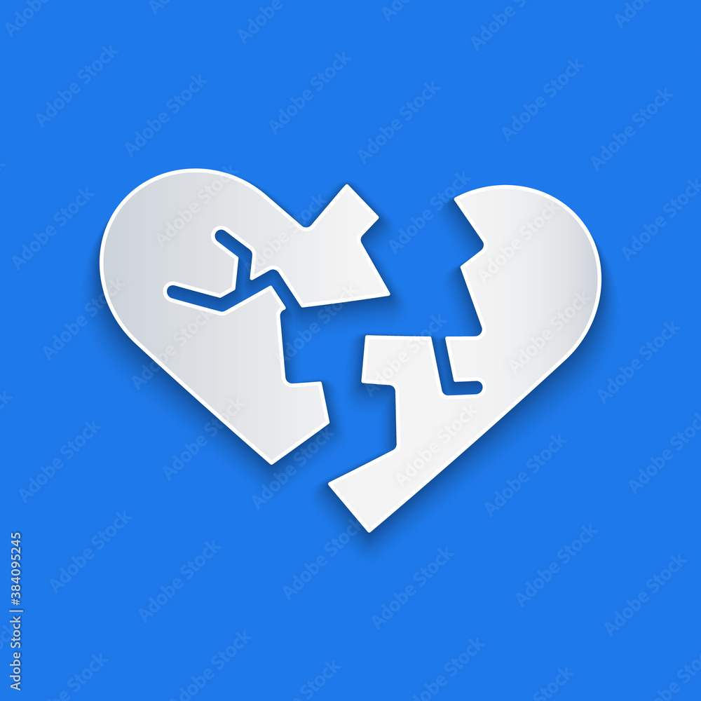 Paper cut Broken heart or divorce icon isolated on blue background. Love symbol. Valentines day. Pap