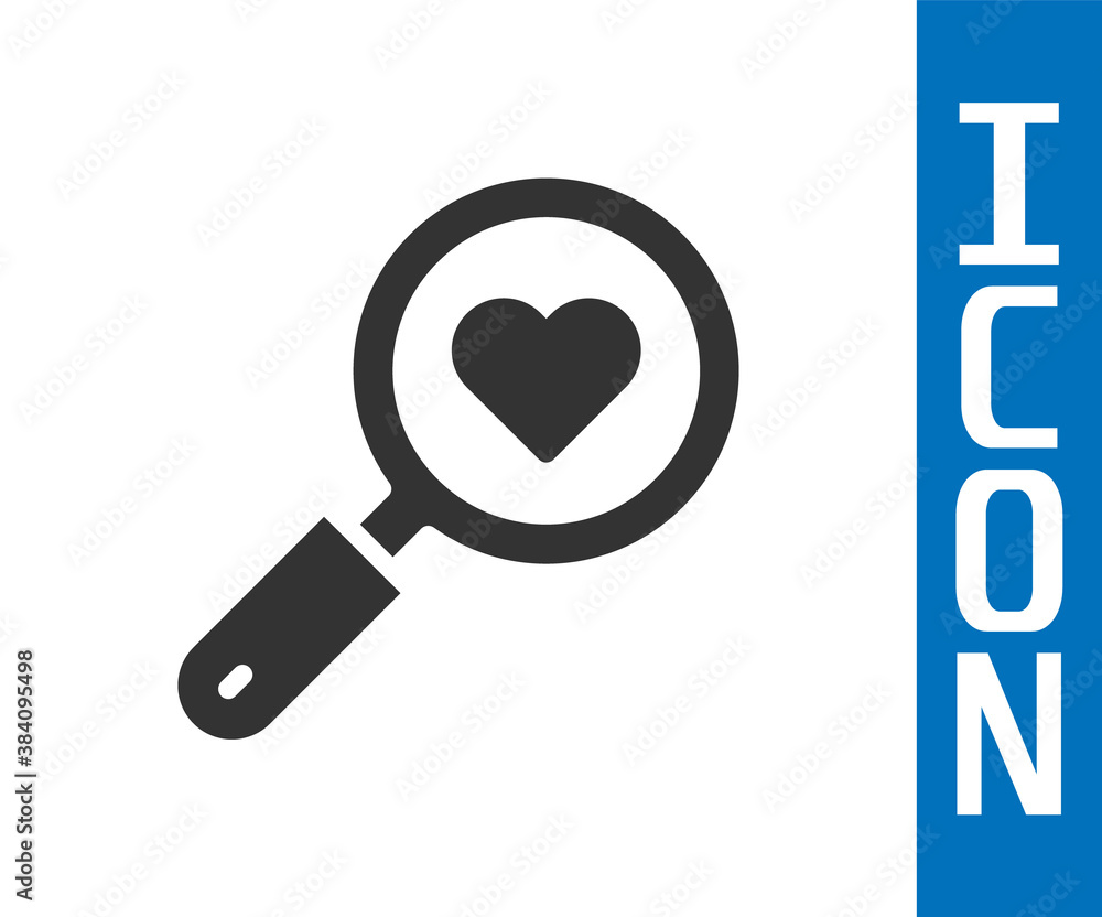 Grey Search heart and love icon isolated on white background. Magnifying glass with heart inside. Ve