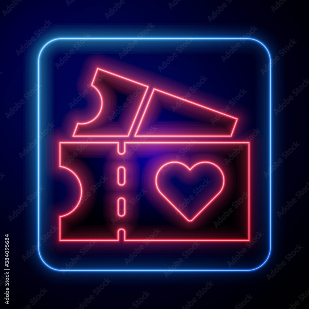 Glowing neon Love ticket icon isolated on blue background. Valentines day sign. Couple relationships