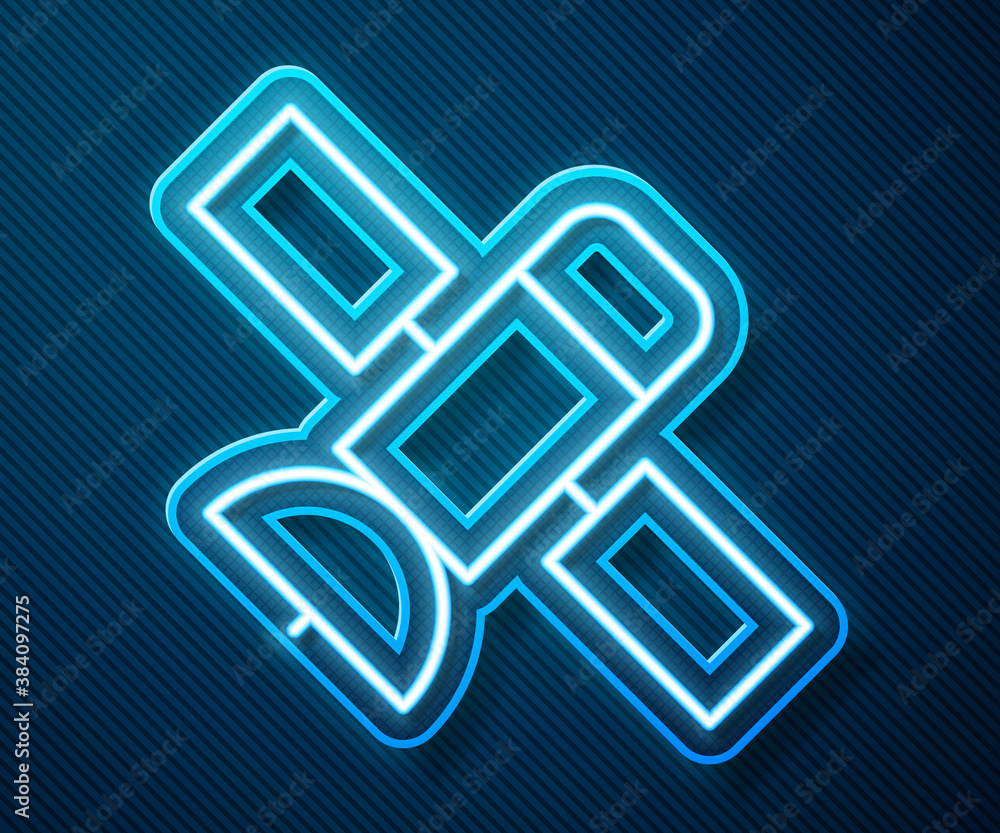 Glowing neon line Satellite icon isolated on blue background. Vector.