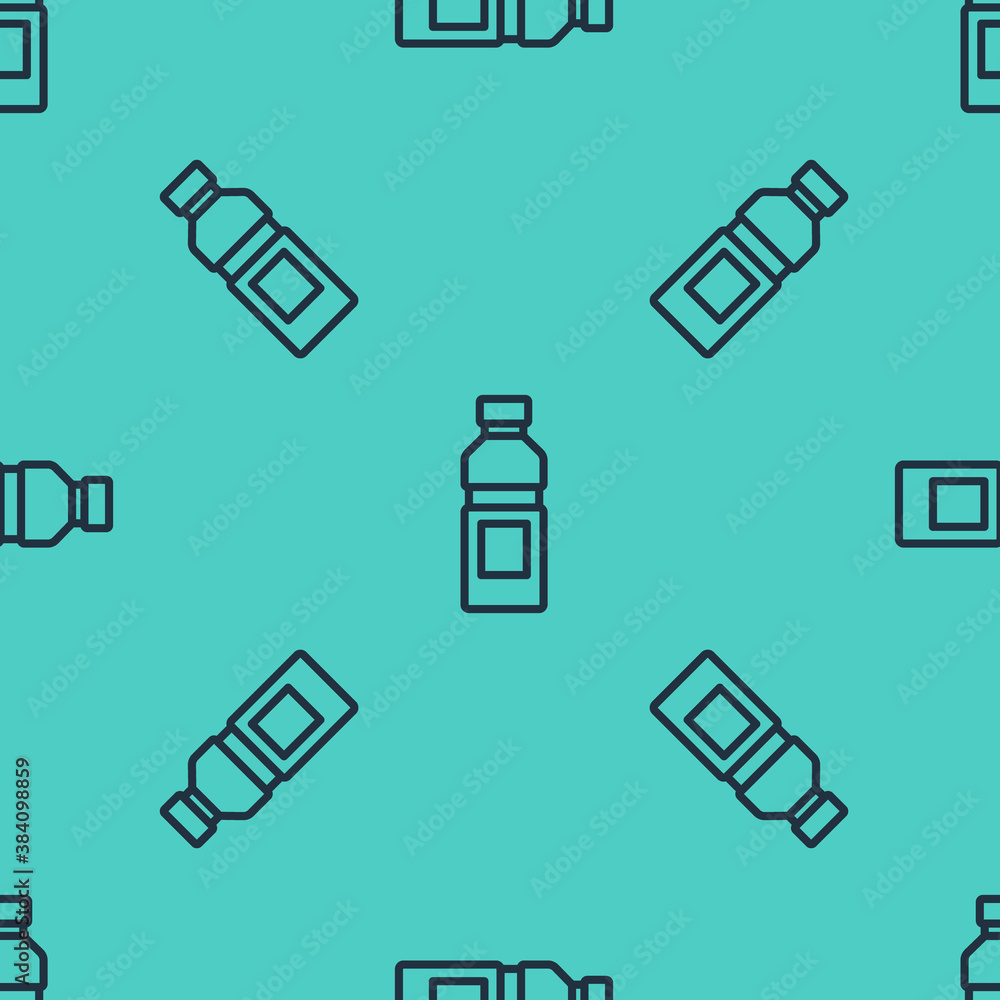 Black line Bottle of water icon isolated seamless pattern on green background. Soda aqua drink sign.