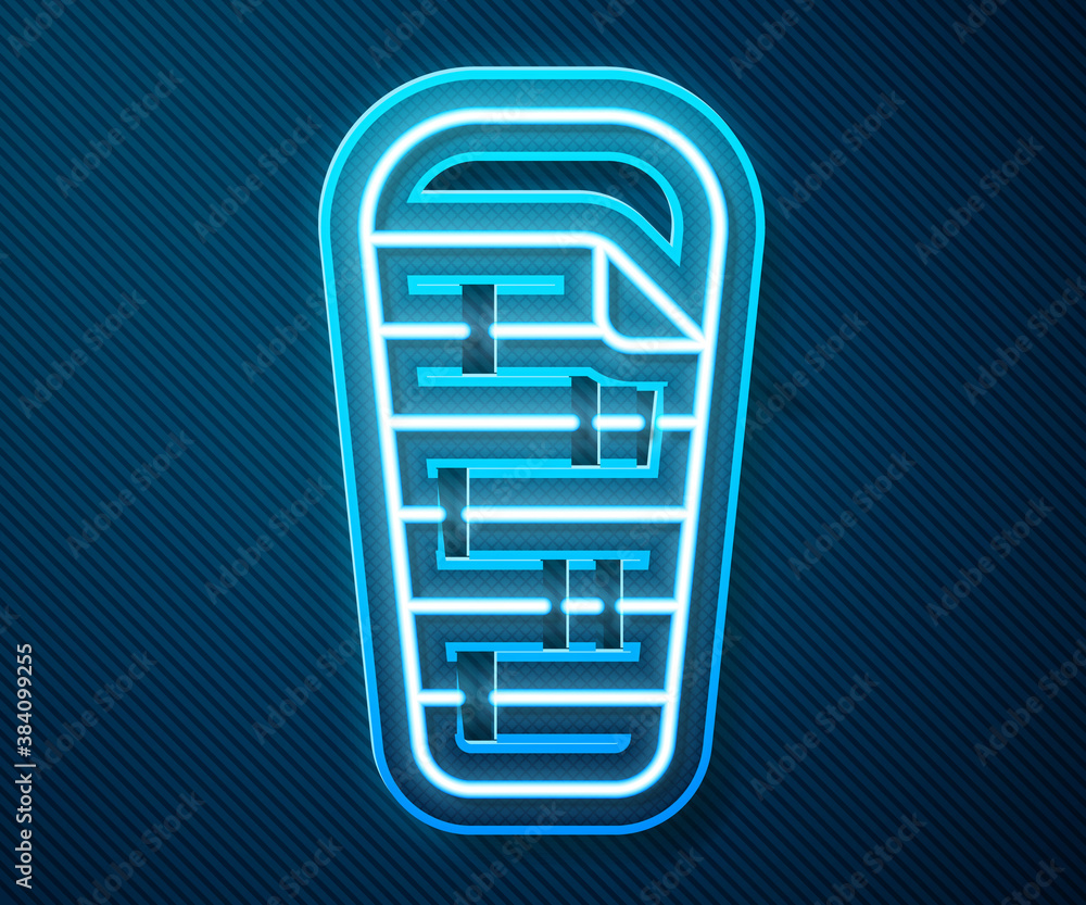 Glowing neon line Sleeping bag icon isolated on blue background. Vector.