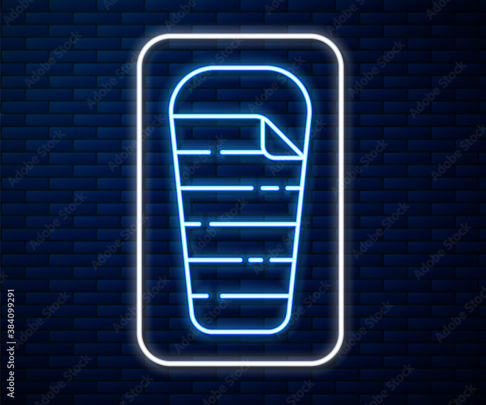 Glowing neon line Sleeping bag icon isolated on brick wall background. Vector.