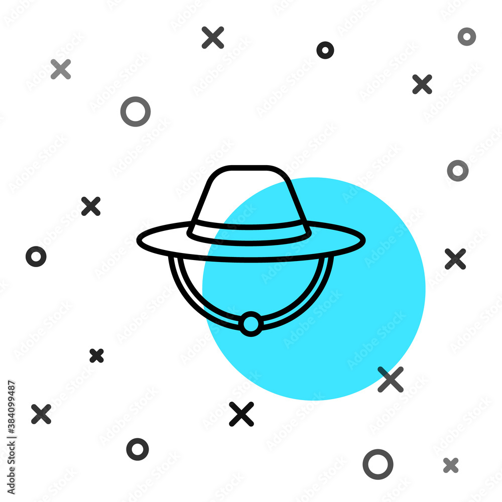 Black line Camping hat icon isolated on white background. Beach hat panama. Explorer travelers hat f