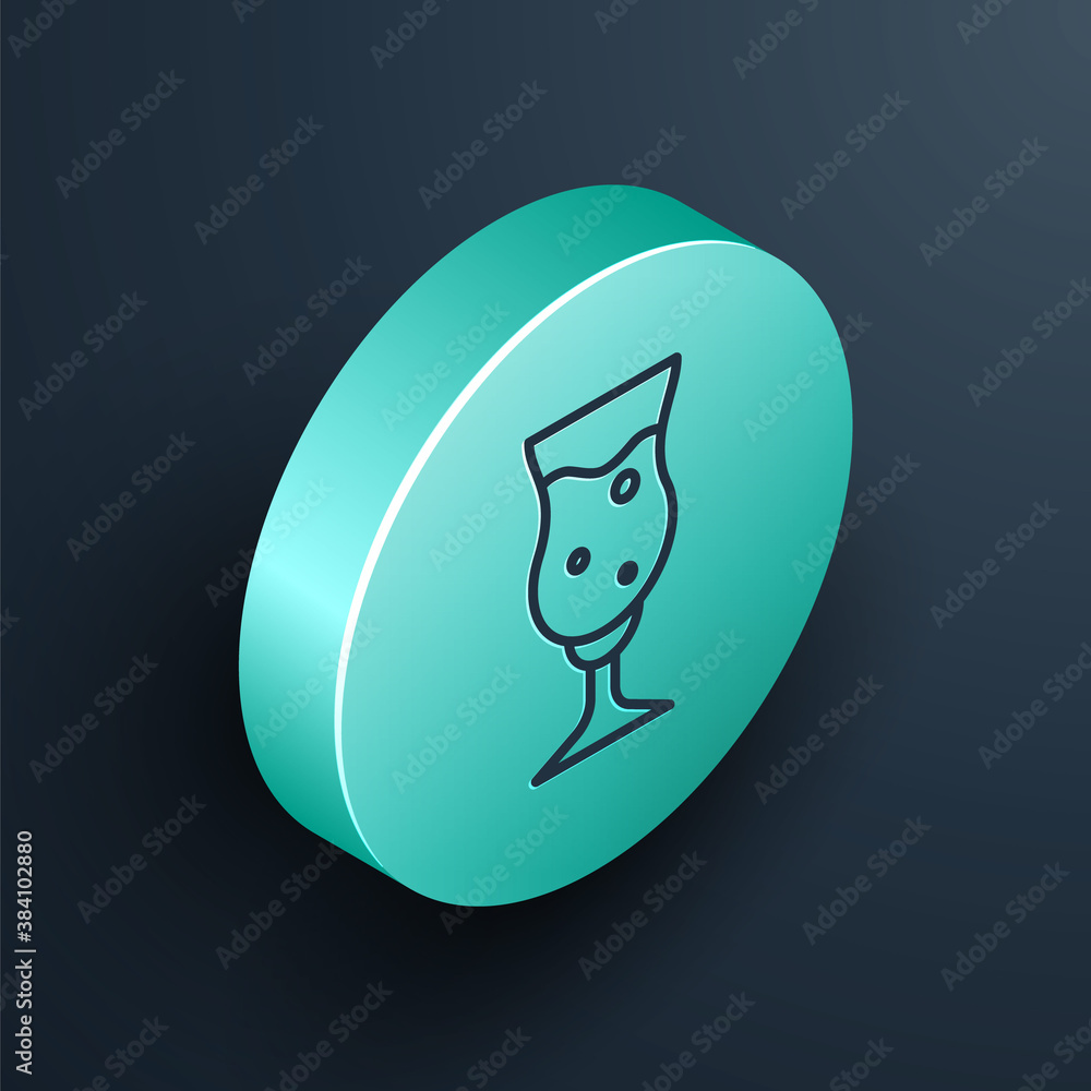 Isometric line Glass of beer icon isolated on black background. Turquoise circle button. Vector.