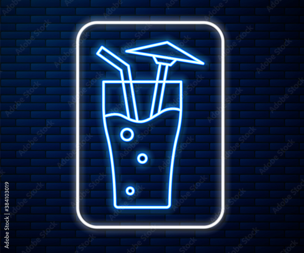 Glowing neon line Cocktail and alcohol drink with umbrella icon isolated on brick wall background. V