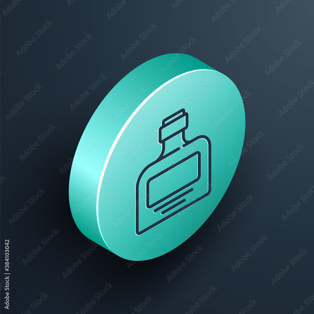 Isometric line Whiskey bottle icon isolated on black background. Turquoise circle button. Vector.