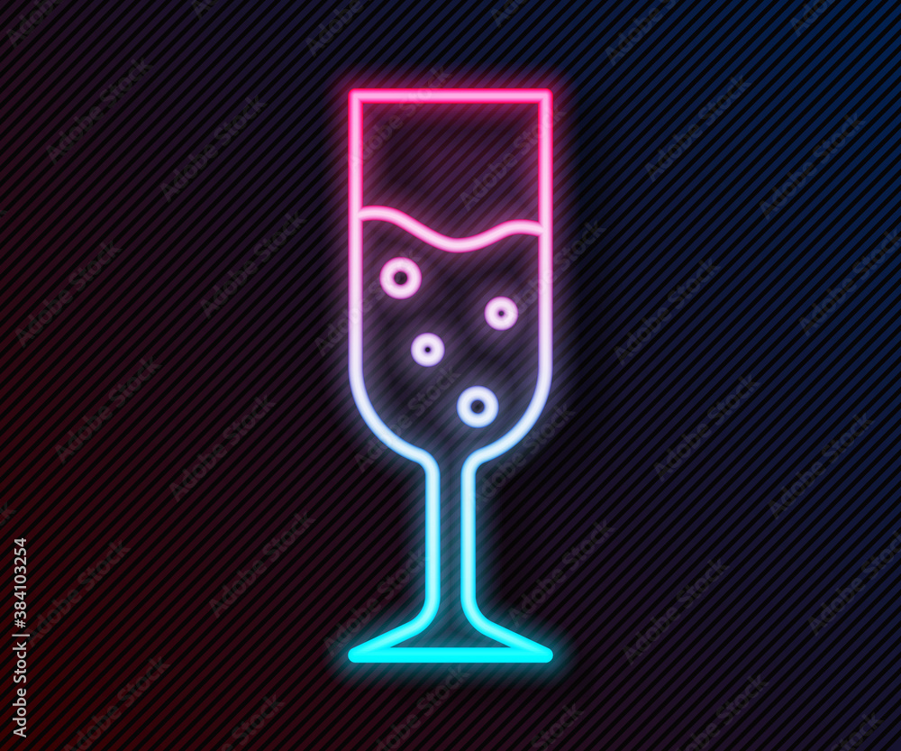 Glowing neon line Glass of champagne icon isolated on black background. Vector.