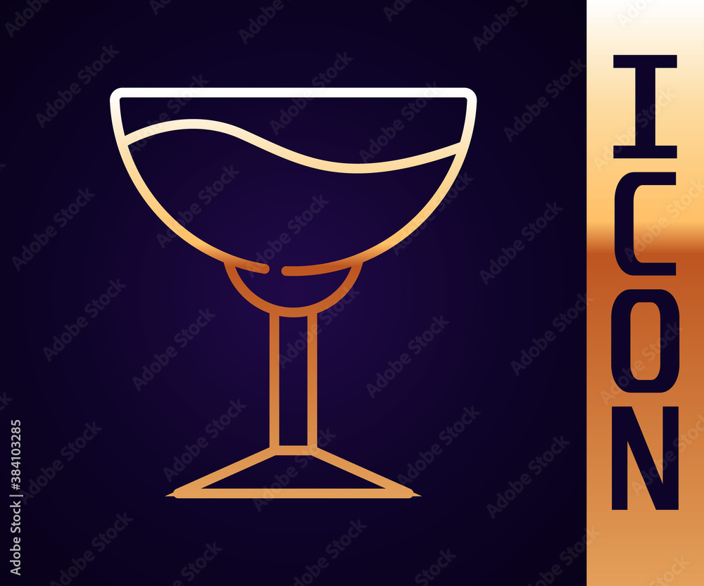 Gold line Wine glass icon isolated on black background. Wineglass sign. Vector.