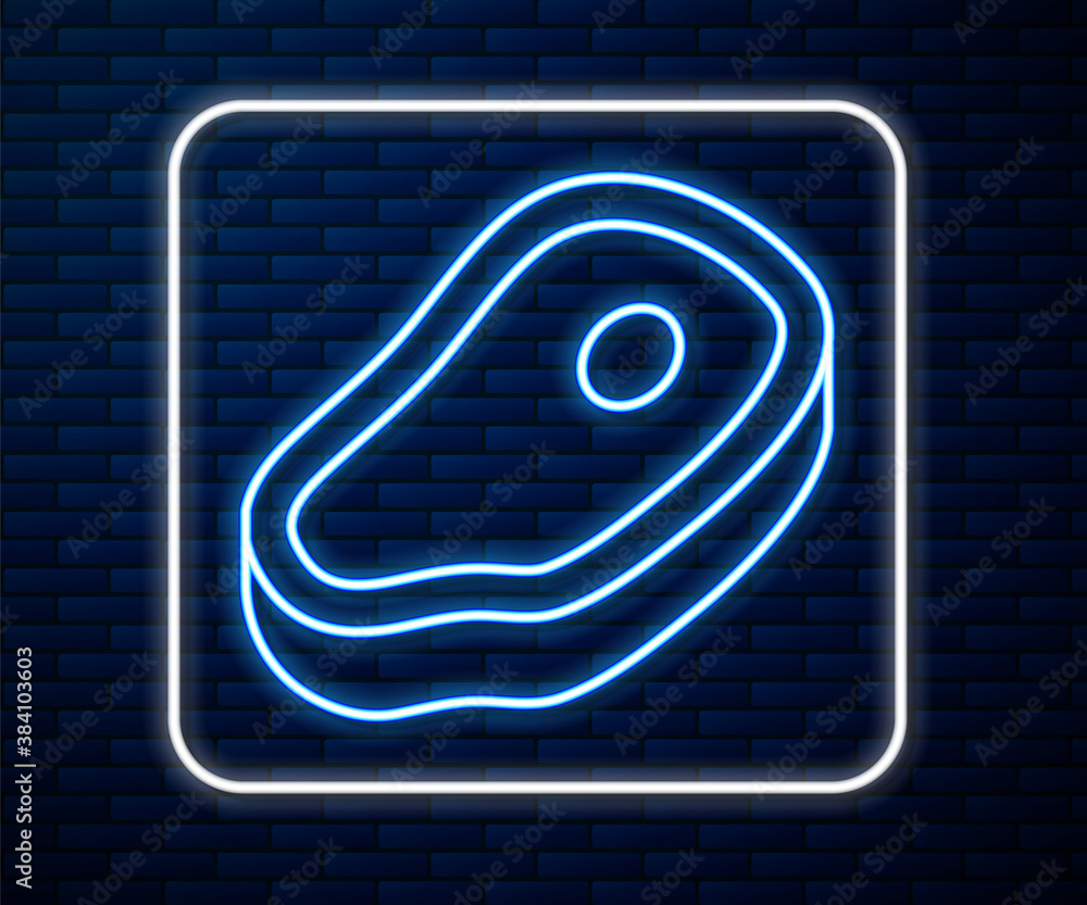 Glowing neon line Steak meat icon isolated on brick wall background. Vector.