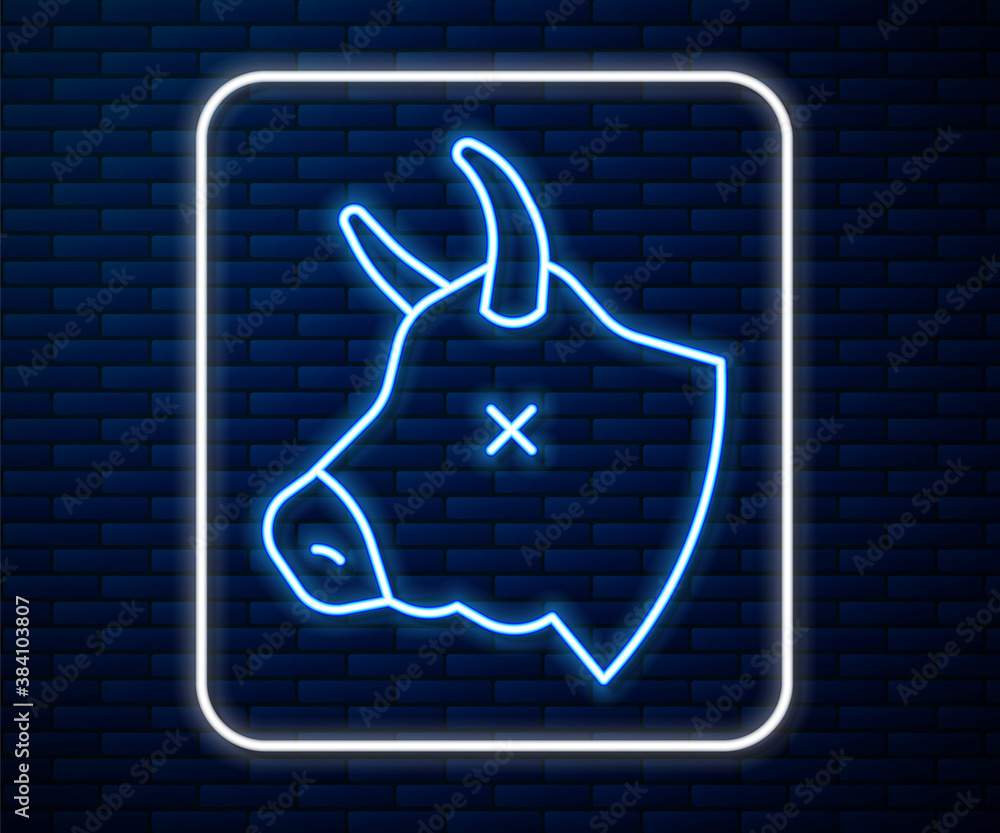 Glowing neon line Cow head icon isolated on brick wall background. Vector.