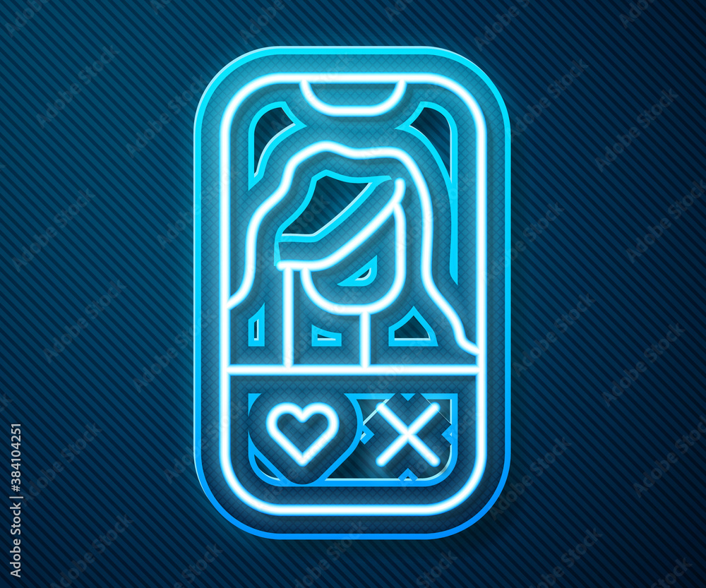 Glowing neon line Dating app online mobile concept icon isolated on blue background. Female male pro