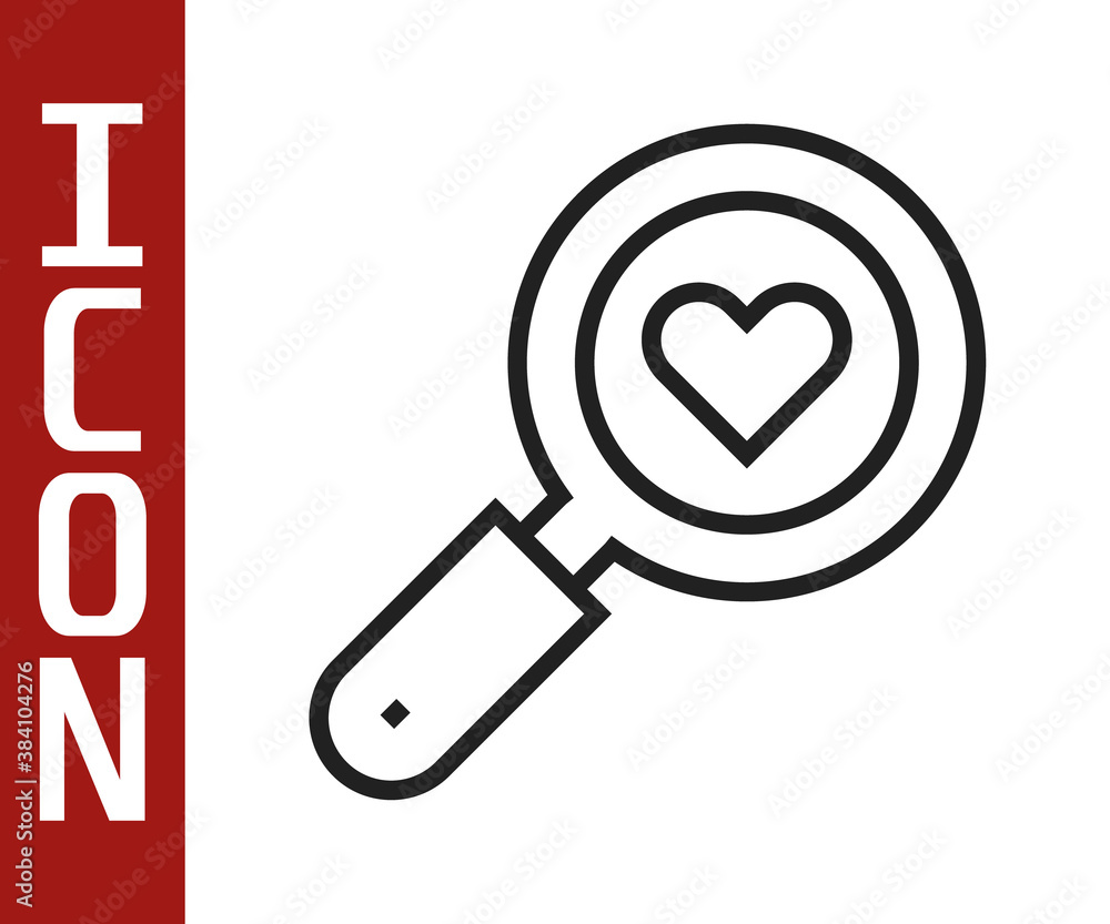 Black line Search heart and love icon isolated on white background. Magnifying glass with heart insi