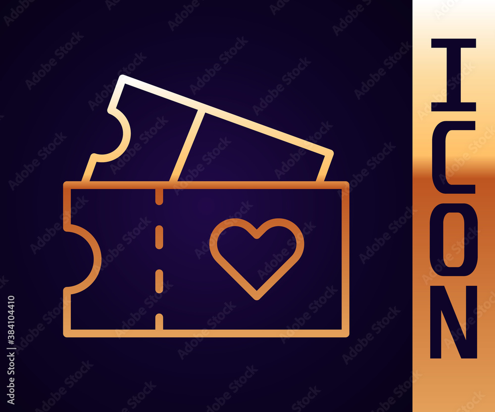 Gold line Love ticket icon isolated on black background. Valentines day sign. Couple relationships s