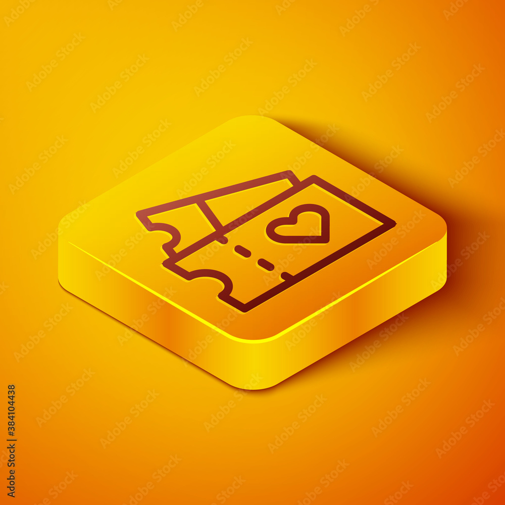 Isometric line Love ticket icon isolated on orange background. Valentines day sign. Couple relations