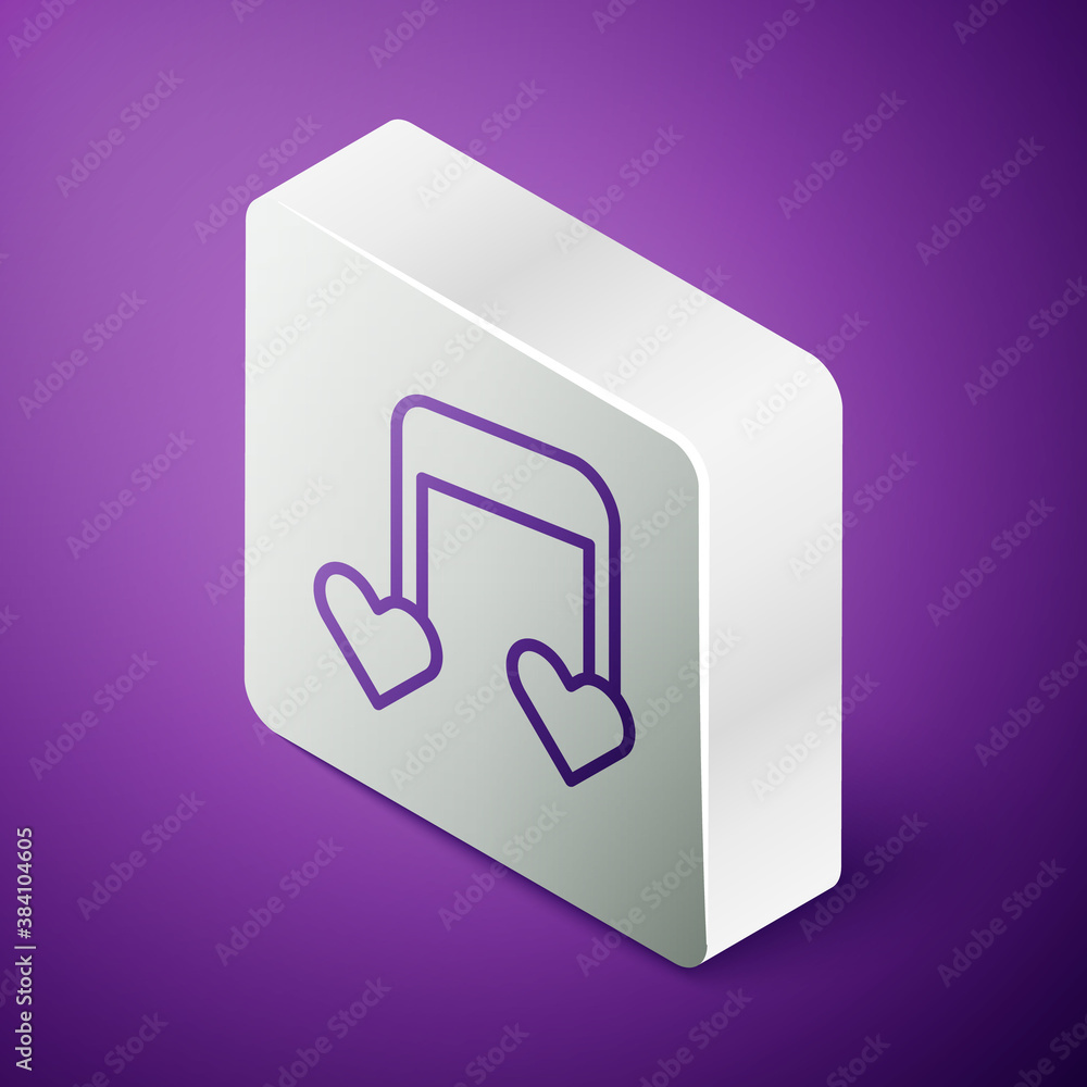 Isometric line Music note, tone with hearts icon isolated on purple background. Valentines day. Silv