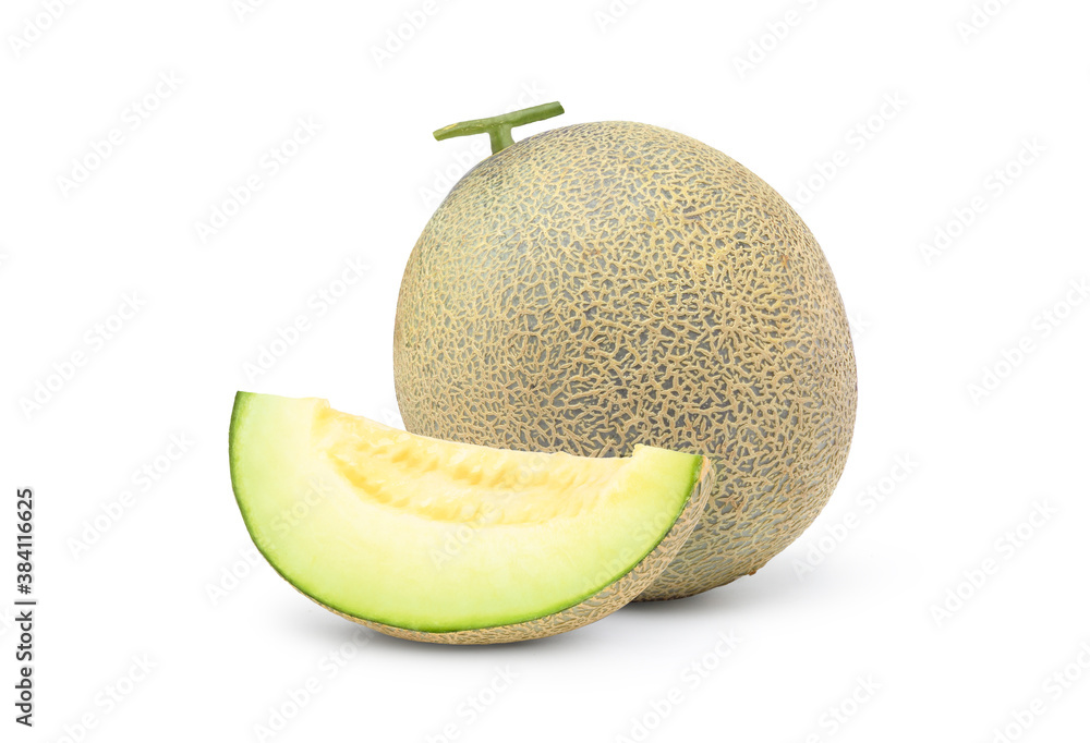 Green melon with sliced isolated on white background. Clipping path.