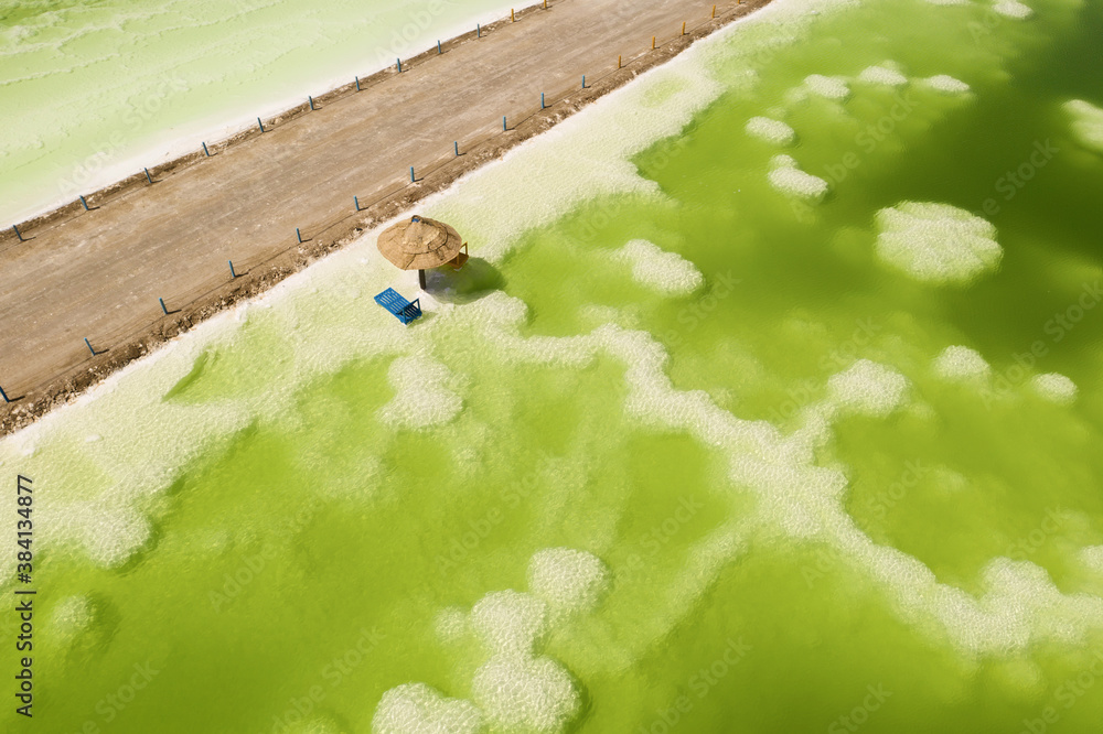 The green saline lake and beach umbrella, natural lake background.