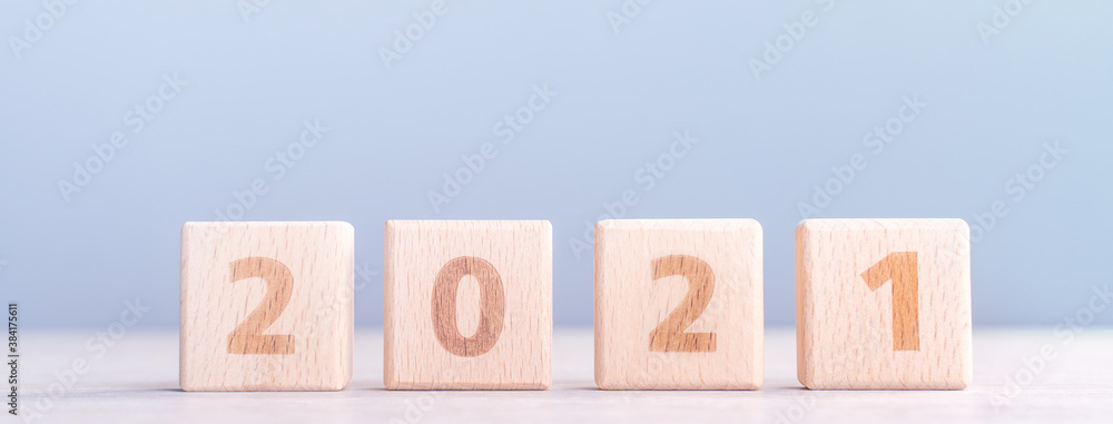 2021 New year abstract design concept by wooden blocks with copy space.