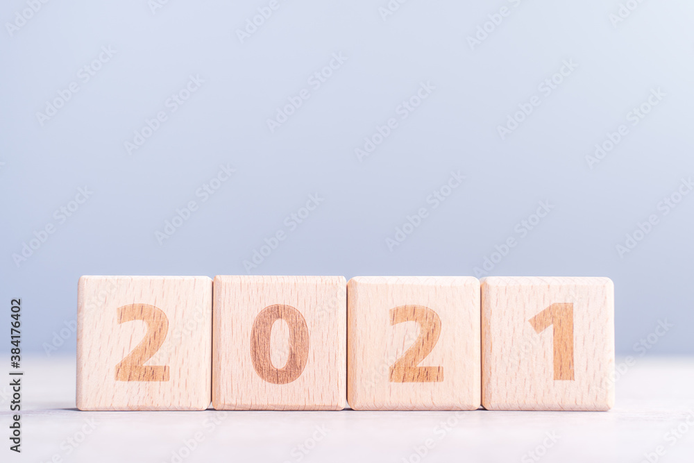 2021 New year abstract design concept by wooden blocks with copy space.