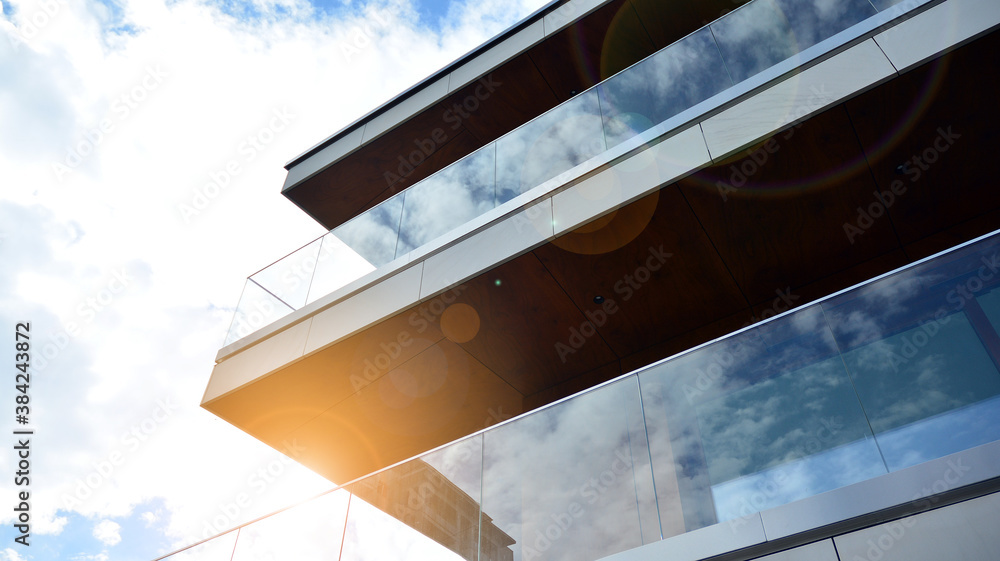 Apartment residential house and home facade architecture and outdoor facilities. Blue sky on the bac