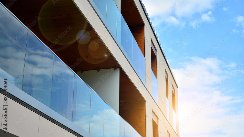 Apartment residential house and home facade architecture and outdoor facilities. Blue sky on the bac