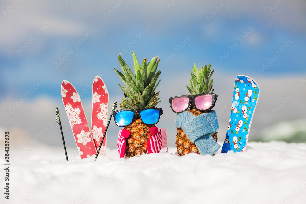 Couple of attractive pineapples in stylish mirrored sunglasses on the snow in the mountain. Winter s