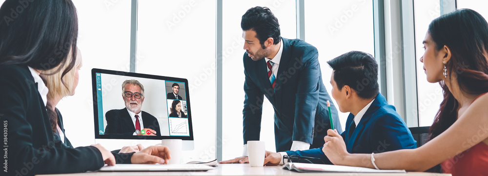 Video call group business people meeting on virtual workplace or remote office. Telework conference 