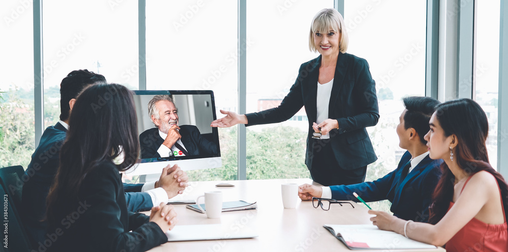 Video call group business people meeting on virtual workplace or remote office. Telework conference 