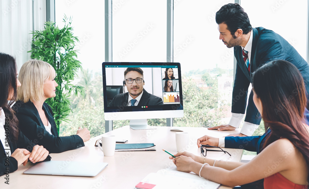 Video call group business people meeting on virtual workplace or remote office. Telework conference 